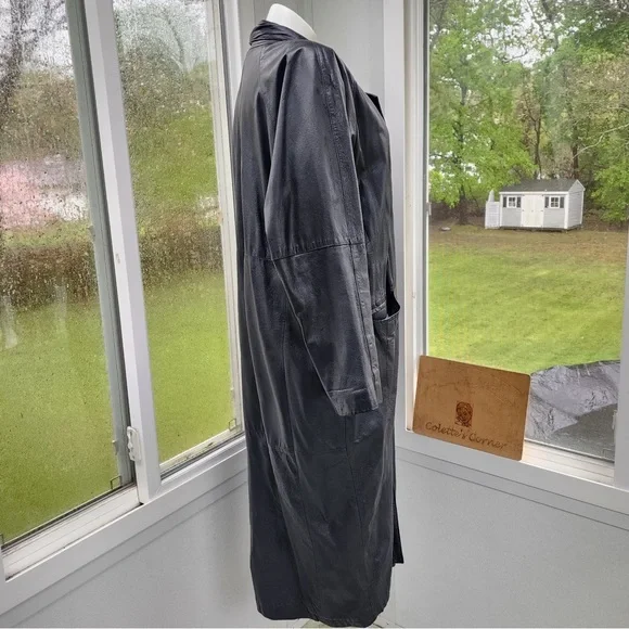 Vintage Accent Black Leather Cocoon Sleeve Maxi Single Breasted Coat Size XL - Picture 5 of 14